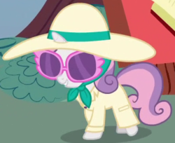 Size: 335x274 | Tagged: safe, screencap, sweetie belle, pony, unicorn, g4, twilight time, clothes, cute, diasweetes, disguise, female, filly, hat, outfit catalog, smiling, solo, sunglasses, trenchcoat