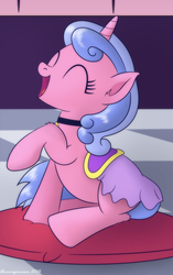 Size: 1000x1593 | Tagged: safe, artist:bluemeganium, royal ribbon, pony, unicorn, g4, checkered floor, collar, cushion, cute, eyes closed, female, leg fluff, mare, open mouth, pillow, raised hoof, rare mare, saddle, sitting, solo, tack