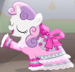 Size: 410x392 | Tagged: safe, screencap, sweetie belle, oc, oc:fleurbelle, pony, for whom the sweetie belle toils, g4, adorabelle, clothes, cute, dress, female, ocbetes, outfit catalog, solo