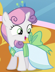 Size: 516x677 | Tagged: safe, screencap, sweetie belle, pony, g4, make new friends but keep discord, clothes, cropped, dress, female, gala dress, outfit catalog, solo