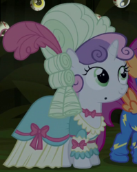 Size: 385x484 | Tagged: safe, screencap, scootaloo, sweetie belle, pony, g4, scare master, beauty mark, clothes, costume, dress, mare antoinette, marie antoinette, outfit catalog, powdered wig, victorian dress, wig, wonderbolts uniform