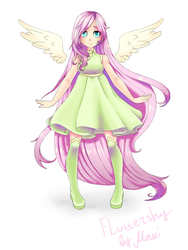 Size: 1500x2000 | Tagged: safe, artist:makierlendson, fluttershy, human, g4, clothes, dress, female, humanized, looking at you, solo, winged humanization