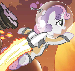 Size: 788x744 | Tagged: safe, idw, official comic, sweetie belle, pony, unicorn, g4, my little pony: friends forever, spoiler:comic, astronaut, clothes, costume, female, horn, jetpack, outfit catalog, solo, spacesuit