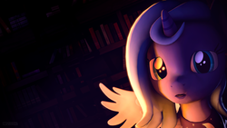 Size: 1920x1080 | Tagged: safe, artist:invisorfaa, princess luna, g4, 3d, book, bookshelf, female, filly, solo, source filmmaker, wallpaper, woona, younger