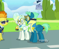 Size: 596x493 | Tagged: safe, screencap, sky stinger, spitfire, vapor trail, pegasus, pony, g4, season 6, top bolt, amused, animated, best friends, bipedal, captain of the wonderbolts, cuddling, cute, discovery family logo, female, gif, glomp, goggles, male, mare, necktie, nose in the air, open mouth, raised eyebrow, shipping fuel, smiling, smirk, snuggling, spitfire's tie, stallion, trio, uvula, vaporbetes, wonderbolt trainee uniform, wonderbolts dress uniform