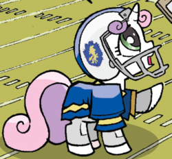 Size: 372x345 | Tagged: safe, idw, sweetie belle, pony, unicorn, friends forever, g4, spoiler:comic, spoiler:comicff2, american football, female, filly, football helmet, helmet, outfit catalog, solo