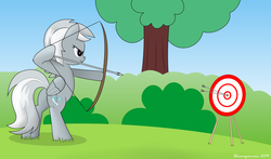Size: 1803x1063 | Tagged: safe, artist:bluemeganium, silverspeed, pegasus, pony, g4, archery, arrow, bipedal, bow (weapon), bow and arrow, bullseye, bush, day, dexterous hooves, female, folded wings, mare, outdoors, smiling, solo, tail, tree, weapon, wings