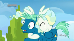 Size: 1366x768 | Tagged: safe, screencap, sky stinger, vapor trail, pegasus, pony, g4, top bolt, cloud, discovery family logo, duo, eyes closed, female, hug, male, mare, shipping fuel, sky, stallion, surprise hug, surprised, tree