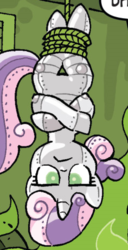 Size: 240x468 | Tagged: safe, idw, sweetie belle, pony, robot, robot pony, unicorn, friends forever #2, g4, my little pony: friends forever, spoiler:comic, :<, female, filly, glare, hooves, horn, lidded eyes, outfit catalog, rope, solo, suspended, sweetie belle is not amused, sweetie bot, tied up, unamused, upside down