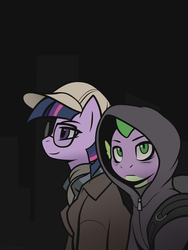 Size: 1024x1365 | Tagged: dead source, safe, artist:whitepone, spike, twilight sparkle, g4, clothes, glasses, hat, hoodie, mr robot