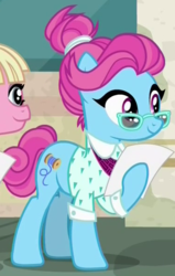 Size: 375x589 | Tagged: safe, screencap, bleeding heart, blue bobbin, earth pony, pony, g4, the saddle row review, paper, smiling, solo focus