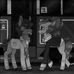 Size: 2740x2756 | Tagged: safe, artist:serodart, artist:subway777, oc, oc only, oc:erik, oc:lucky ticket, earth pony, pony, bag, black and white, clothes, conductor, duo, grayscale, high res, monochrome, saint petersburg, ticket, tram, vintage