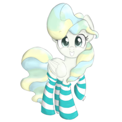 Size: 1400x1400 | Tagged: safe, artist:bojo, vapor trail, pegasus, pony, g4, top bolt, clothes, cute, female, happy, looking at you, mare, raised hoof, simple background, smiling, socks, solo, striped socks, thigh highs, transparent background, vaporbetes