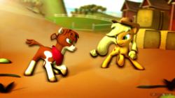 Size: 1600x900 | Tagged: safe, artist:longsword97, applejack, arizona (tfh), cow, earth pony, pony, them's fightin' herds, g4, 3d, cloven hooves, community related, crossover, duo, female, fence, hay bale, imminent fight, signature, source filmmaker, sweet apple acres
