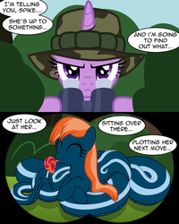 Size: 3478x4354 | Tagged: safe, artist:badumsquish, derpibooru exclusive, twilight sparkle, oc, oc:kalianne, alicorn, lamia, original species, pony, g4, :p, binoculars, camouflage, candy, crossed hooves, cute, dialogue, eyes closed, female, food, forked tongue, frown, glare, happy, harmless, hat, hiding, implied spike, innocent, licking, lollipop, long tongue, prehensile tail, reclining, smiling, surveillance, suspicious, tail hold, tilley hat, tongue out, watching