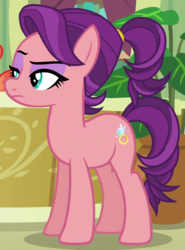 Size: 502x678 | Tagged: safe, screencap, spoiled rich, earth pony, pony, g4, where the apple lies, cutie mark, eyeshadow, female, lidded eyes, makeup, mare, raised eyebrow, solo, spoiled milk, we don't normally wear clothes, younger