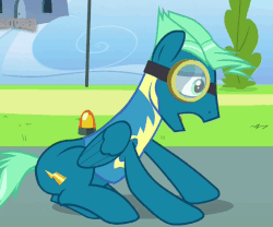 Size: 593x493 | Tagged: safe, screencap, sky stinger, pegasus, pony, g4, top bolt, animated, animation error, gif, goggles, heavy breathing, loop, male, panting, perfect loop, runway, sitting, solo, stallion, tired, wonderbolt trainee uniform