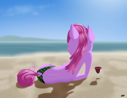 Size: 1920x1484 | Tagged: safe, artist:styroponyworks, berry punch, berryshine, earth pony, pony, g4, beach, clothes, female, mare, panties, partial nudity, solo, topless, underwear, wine glass