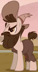 Size: 424x810 | Tagged: safe, screencap, piles mccolt, earth pony, pony, g4, the hooffields and mccolts, angry, beard, clothes, cropped, facial hair, hat, male, mccolt family, moustache, sepia, solo, stallion