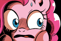 Size: 559x373 | Tagged: safe, artist:brenda hickey, edit, idw, pinkie pie, earth pony, pony, friends forever #12, g4, my little pony: friends forever, spoiler:comic, comic, cropped, female, mare, reaction image, scared, solo, sweat