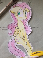 Size: 1888x2560 | Tagged: safe, artist:meczycuta, fluttershy, g4, chinese, craft, cutout, female, floppy ears, folded wings, looking at you, math, paper child, papercraft, photo, sitting, solo, traditional art, unhappy