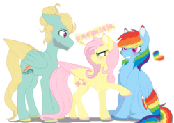 Size: 1754x1240 | Tagged: safe, artist:red_moonwolf, fluttershy, rainbow dash, zephyr breeze, pegasus, pony, flutter brutter, g4, annoyed, blushing, chest fluff, colored pupils, colored wings, dialogue, female, heart, lesbian, love triangle, male, mare, multicolored wings, nudity, possessive, rainbow wings, raised hoof, scrunchy face, sheath, ship:flutterdash, shipping, shipping denied, simple background, stallion, transparent background, trio
