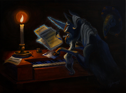 Size: 4628x3434 | Tagged: safe, artist:skyaircobra, star swirl the bearded, pony, unicorn, g4, candle, clavichord, composer, composing, dark, gouache, magic, male, music notes, musical instrument, quill, sheet music, solo, telekinesis, traditional art