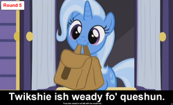 Size: 1600x973 | Tagged: safe, edit, edited screencap, screencap, trixie, pony, unicorn, comic:celestia's servant interview, g4, to where and back again, caption, cs captions, cute, diatrixes, female, interview, mare, mouth hold, saddle bag, solo, third person, to saddlebags and back again, trixie's wagon