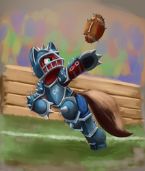 Size: 1325x1561 | Tagged: safe, artist:otakuap, oc, oc only, american football, armor, blood bowl, catching, crossover, dangerous, field, helmet, playing, running, solo, spikes, sports, warhammer (game), warhammer fantasy