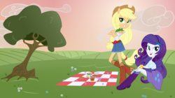 Size: 5760x3232 | Tagged: safe, artist:aqua-pony, artist:erockertorres, artist:themexicanpunisher, applejack, rarity, equestria girls, g4, absurd resolution, bracelet, clothes, cowboy hat, denim skirt, female, freckles, hat, lesbian, open mouth, picnic, placemat, ponied up, scenery, ship:rarijack, shipping, sitting, skirt, stetson