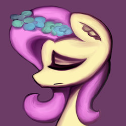 Size: 3600x3600 | Tagged: safe, artist:citizensmiley, fluttershy, g4, bust, ear fluff, eyes closed, eyeshadow, female, flower, flower in hair, frown, high res, makeup, portrait, profile, purple background, sad, simple background, solo