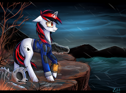 Size: 4426x3250 | Tagged: safe, artist:enjaadjital, oc, oc only, oc:blackjack, cyborg, pony, unicorn, fallout equestria, fallout equestria: project horizons, bone, clothes, crying, cutie mark, fanfic, fanfic art, female, floppy ears, glowing horn, gun, hooves, horn, jumpsuit, levitation, magic, mare, pipboy, pipbuck, rain, skeleton, skull, small horn, solo, telekinesis, vault suit, weapon