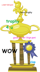 Size: 358x640 | Tagged: safe, earth pony, pony, blue ribbon, comic sans, doge, gold, meme, reaction image, rearing, ribbon, sarcasm, simple background, trophy, white background, wow