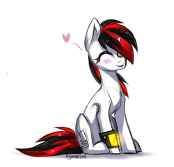 Size: 1997x1922 | Tagged: safe, artist:enjaadjital, oc, oc only, oc:blackjack, pony, unicorn, fallout equestria, fallout equestria: project horizons, blush lines, blushing, cute, eyes closed, fanfic, fanfic art, female, floating heart, heart, hooves, horn, mare, pipboy, pipbuck, simple background, sitting, small horn, smiling, solo, unicorn oc, white background