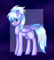 Size: 1024x1145 | Tagged: safe, artist:fluffyzecloud, artist:milenamelody, cloudchaser, pegasus, pony, g4, collaboration, eye clipping through hair, female, grin, hair over eyes, looking at you, mare, signature, solo