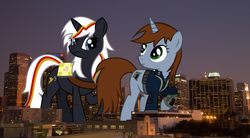 Size: 2600x1438 | Tagged: safe, artist:brisineo, artist:theotterpony, oc, oc only, oc:littlepip, oc:velvet remedy, pony, unicorn, fallout equestria, book, city, clothes, cutie mark, fanfic, fanfic art, female, fluttershy medical saddlebag, giant pony, hooves, horn, irl, jumpsuit, los angeles, macro, mare, medical saddlebag, night, photo, pipbuck, ponies in real life, raised hoof, request, saddle bag, vault suit