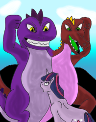 Size: 600x767 | Tagged: safe, artist:mojo1985, twilight sparkle, crocodile, shark, g4, conjoined, fight, the life and times of juniper lee, two heads, versus, what has magic done