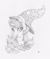 Size: 852x1000 | Tagged: dead source, safe, artist:dfectivedvice, twilight sparkle, g4, book, clothes, female, grayscale, hat, monochrome, sinister, sketch, socks, solo, striped socks, traditional art, witch, witch hat