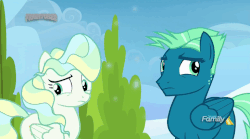 Size: 730x406 | Tagged: safe, screencap, sky stinger, vapor trail, pegasus, pony, g4, top bolt, animated, cute, discovery family logo, female, folded wings, gif, glomp, hug, kiss and make up, male, mare, overjoyed, raised eyebrow, reconciliation, stallion, surprise hug, surprised, vaporbetes