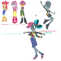 Size: 1000x1000 | Tagged: safe, artist:doraemonfan4life, apple bloom, gabby, scootaloo, sweetie belle, oc, oc:zapapple melody breeze, human, equestria girls, g4, bow, cutie mark crusaders, equestria girls-ified, female, four arms, fusion, fusion:apple bloom, fusion:gabby, fusion:scootaloo, fusion:sweetie belle, hair bow, multiple arms, simple background, we have become one, white background