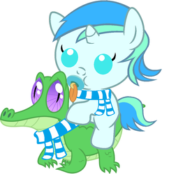 Size: 886x917 | Tagged: safe, artist:red4567, gummy, oc, oc:cyan lightning, alligator, pony, reptile, g4, baby, baby pony, clothes, cute, cyan lightning riding gummy, ocbetes, pacifier, ponies riding gators, riding, scarf, simple background, vector, white background