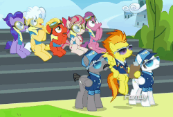 Size: 753x508 | Tagged: safe, screencap, angel wings, fast clip, hyacinth dawn, loosey-goosey, manerick, mountain haze, short fuse, spitfire, whiplash, pegasus, pony, g4, top bolt, animated, buttchin, cleft chin, discovery family logo, female, gif, male, mare, necktie, sitting, spitfire's tie, stallion, wonderbolt trainee uniform, wonderbolts dress uniform