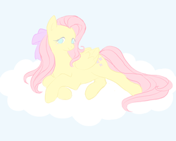 Size: 1000x800 | Tagged: safe, artist:vivisheep, fluttershy, g4, bow, bright, cloud, crossed hooves, female, folded wings, hair bow, looking at you, lying down, simple background, solo, white background