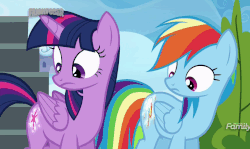 Size: 840x501 | Tagged: safe, screencap, rainbow dash, twilight sparkle, alicorn, pony, g4, top bolt, animated, booty call, cloud, discovery family logo, female, gif, glowing, glowing cutie mark, light, loop, rainbow, stars, twilight sparkle (alicorn)