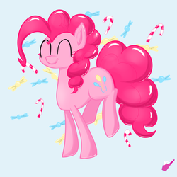 Size: 3000x3000 | Tagged: safe, artist:fuchsian milk, pinkie pie, g4, blue background, candy, candy cane, eyes closed, female, food, happy, high res, simple background, smiling, solo