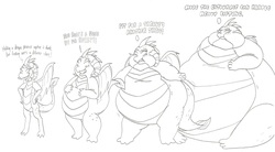 Size: 3283x1813 | Tagged: safe, artist:catstuxedo, princess ember, dragon, g4, black and white, chubby cheeks, claws, comic, dragon wings, dragoness, dragonlard ember, fangs, fat, female, grayscale, heavy voice, horns, monochrome, morbidly obese, obese, open mouth, sequence, simple background, solo, spread wings, teeth, weight gain, white background, wings