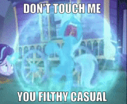 Size: 335x276 | Tagged: safe, edit, edited screencap, screencap, starlight glimmer, trixie, pony, unicorn, g4, to where and back again, animated, cropped, female, filthy casual, force field, gif, image macro, magic, magic orb, mare, meme, screaming