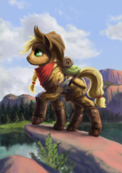 Size: 1600x2260 | Tagged: safe, artist:missingmonsters, applejack, g4, axe, bandana, boots, clothes, female, forest, lake, mountain, rock, scenery, solo, watermark, weapon
