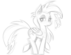 Size: 1164x901 | Tagged: source needed, safe, artist:reiduran, thunderstruck, pegasus, pony, g4, top bolt, ear fluff, eyeshadow, female, grayscale, looking back, makeup, mare, monochrome, simple background, sketch, solo, white background