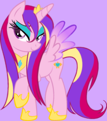 Size: 838x954 | Tagged: safe, artist:musical-medic, princess cadance, g4, bedroom eyes, eyeshadow, female, looking at you, makeup, purple background, raised hoof, simple background, smiling, solo, spread wings, wet mane